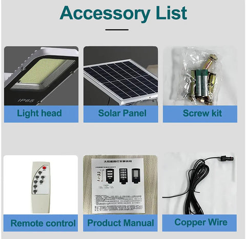 Accessory list for JUDYSSY 150W Solar Street Lights Outdoor including light head, solar panel, remote control, and screws.