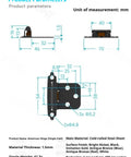 Dimensions and specifications of soft close steel hinges set 12 pack with screws cold rolled 1.5mm spring hinges in antique bronze finish.