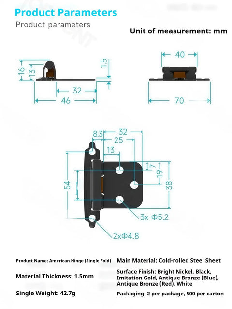 Dimensions and specifications of soft close steel hinges set 12 pack with screws cold rolled 1.5mm spring hinges in antique bronze finish.