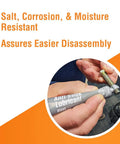 Permatex 81343 anti-seize lubricant tube being applied to a metal bolt; gray tube with white labeling
