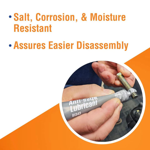 Permatex 81343 anti-seize lubricant tube being applied to a metal bolt; gray tube with white labeling