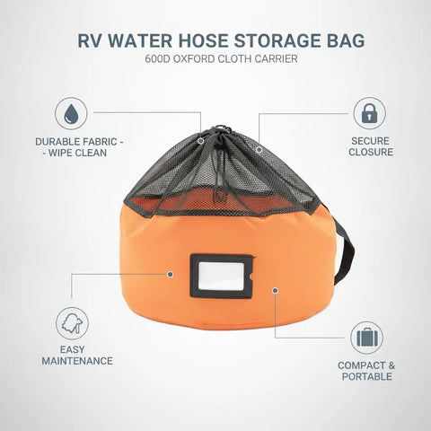 Heavy-Duty RV Water Hose Storage Bag with Secure Closure, orange 600D Oxford Cloth, compact 7.9 x 7.1 inch with easy maintenance features