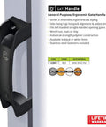 Reversible Gate Handle That Works For Right Or Left Handed Use With Side Fixing Legs For Rock Solid Install And Easy Alignment On Any Square Post Gate Perfect For Home Or Commercial Outdoor Gates shown in black on gray post