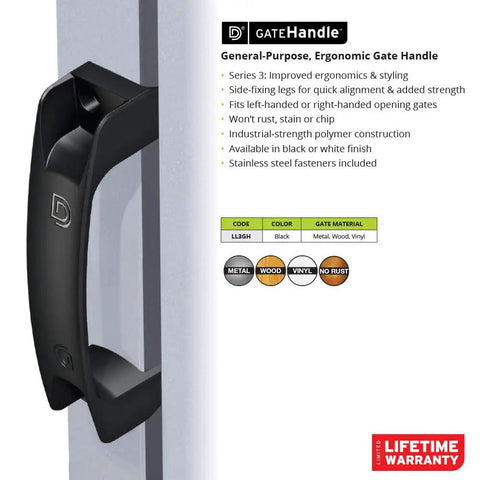 Reversible Gate Handle That Works For Right Or Left Handed Use With Side Fixing Legs For Rock Solid Install And Easy Alignment On Any Square Post Gate Perfect For Home Or Commercial Outdoor Gates shown in black on gray post