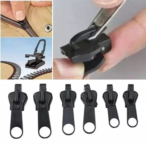 Image of 6 black zippers from the 6Pcs Black Universal Instant Fix Zipper Repair Kit With Replacement Zip Sliders For Quick Zipper Rescue Fits Most Sizes Perfect For Crafts And Sewing Durable DIY Zipper Fix Solution