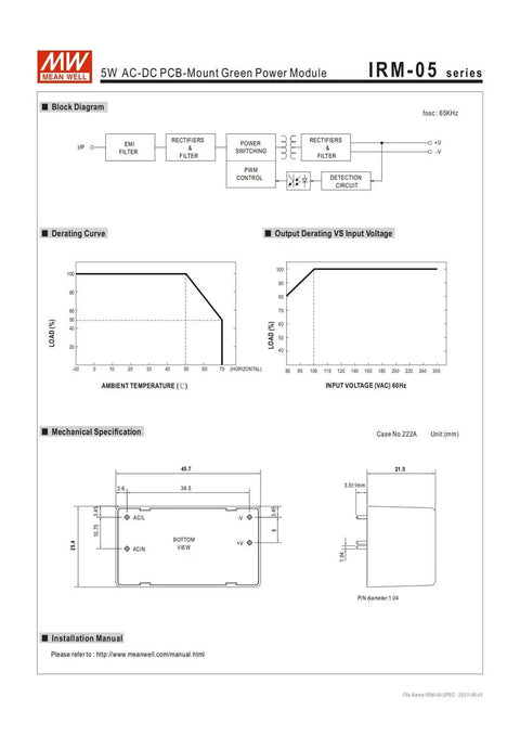 Diagram and specifications of 5W AC-DC PCB Mount Power Supply, showcasing dimensions, derating curves, and block diagram.