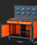 Tough As Nails Heavy Duty Steel Workbench With Pegboard Organizers And Lockable Drawers For Multi Tier Garage Tool Storage Plus Hanging Parts Bins Rack System side view with drawers and pegboard.