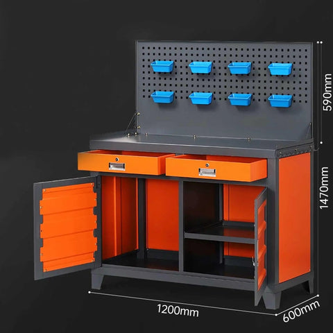Tough As Nails Heavy Duty Steel Workbench With Pegboard Organizers And Lockable Drawers For Multi Tier Garage Tool Storage Plus Hanging Parts Bins Rack System side view with drawers and pegboard.
