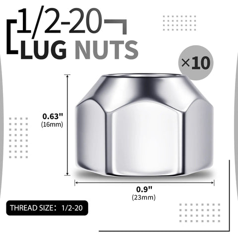 10 Piece 1/2-20 Open End Acorn Lug Nuts Set for Trailer Camper RV and Truck Wheels, size shown, silver color