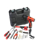 Cordless Electric Drill With Rechargeable Lithium Battery And 75 Piece Toolbox Set Featuring Multi Speed Forward Reverse Controls Heavy Duty Three Jaw Chuck Build Tough Workhorse No Fuss Setup Knockout Deal For Weekend Warriors with tools and storage box.