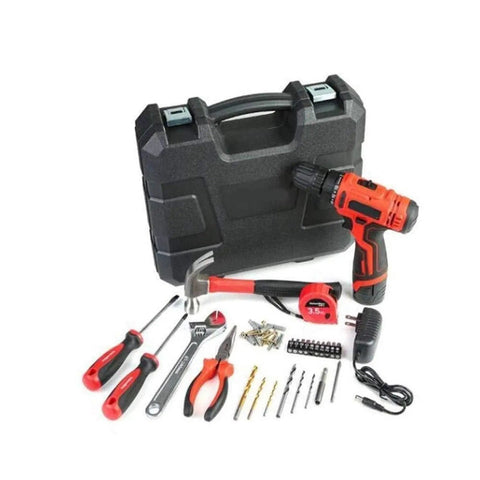 Cordless Electric Drill With Rechargeable Lithium Battery And 75 Piece Toolbox Set Featuring Multi Speed Forward Reverse Controls Heavy Duty Three Jaw Chuck Build Tough Workhorse No Fuss Setup Knockout Deal For Weekend Warriors with tools and storage box.