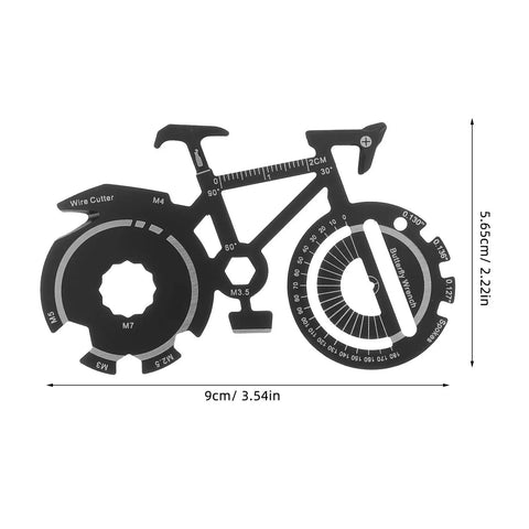 Compact Bicycle Shaped Multitool Keychain Made From Durable Stainless Steel For On The Go Bike Repairs with measurement details
