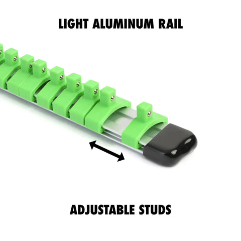 Light aluminum rail with adjustable studs for Stubby Torx Bit Socket Set 13 Piece With One Quarter Inch Drive Includes T7 Through T50.