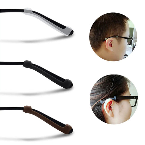Soft Silicone Eyeglass Temple Tips Sleeve Retainer 8 Pairs No Slip Ear Grips in black, grey, brown on eyeglasses.