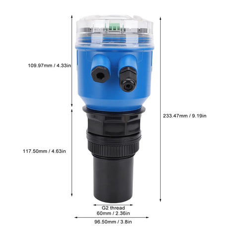 Water Level Sensor DC24V Ultrasonic Level Meter With LCD Display And 4-20mA Output For Liquid Measurement Temperature Compensated Digital Readings In A Rugged ABS Housing, front view with product dimensions.