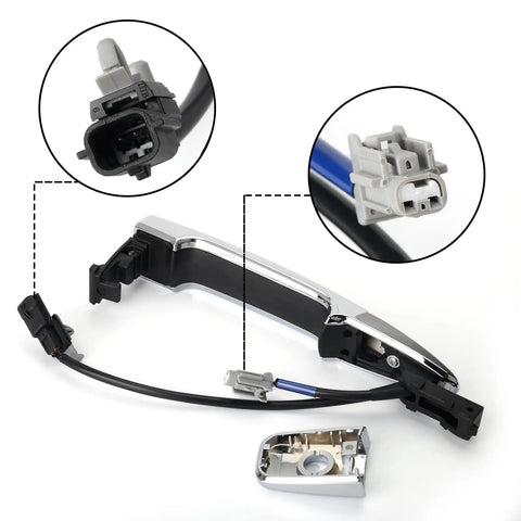 Nissan Exterior Chrome Front Left Driver Side Door Handle With Sensor And Smart Keyless Entry System for 2009 2018 Sentra Maxima Murano Leaf Replacement, showing connectors and components