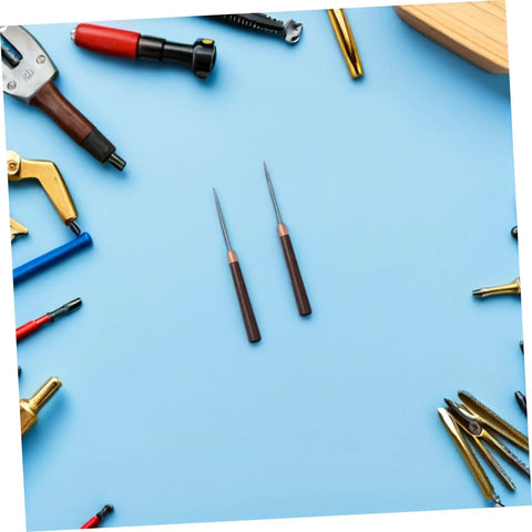 15 Piece Straight Cone Awl Set with Durable Wooden Handle for Leathercraft Sewing and Woodworking, two awls on blue background.