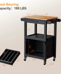 Slick Rolling Kitchen Cart With Microwave Stand And Storage Cabinet And Drawer, Compact Coffee Cart With side hooks and towel rod, detailed dimensions and load capacity of 180 lbs