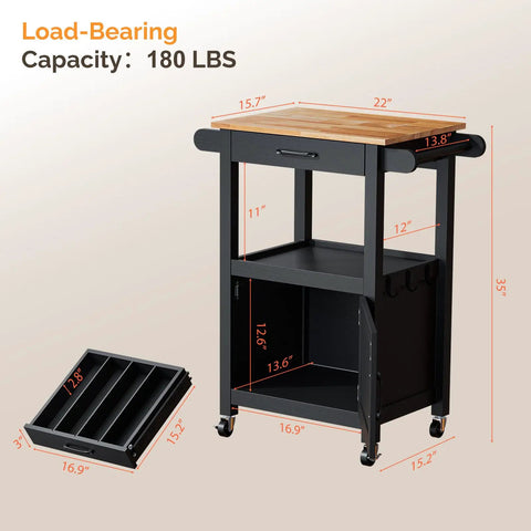 Slick Rolling Kitchen Cart With Microwave Stand And Storage Cabinet And Drawer, Compact Coffee Cart With side hooks and towel rod, detailed dimensions and load capacity of 180 lbs