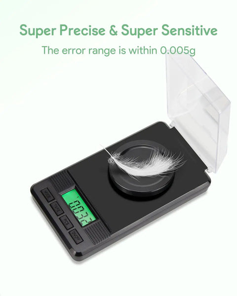 Pro Grade Ultra Precision Digital Scale 50g Capacity With 0.001g Readout, showing feather for sensitivity test