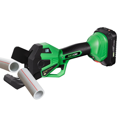 Cordless 18V PVC Pipe Cutter With LCD Display And Rechargeable Battery cutting PVC pipe, easy grip tool for efficient cuts.