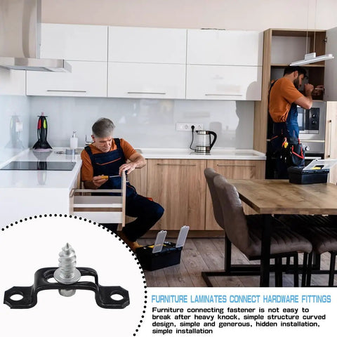 Premium Heavy Duty 60 Piece Concealed Furniture Slide Connectors And Snap On Buckle Fasteners For Rock Solid Cabinet Assembly Tool Free Half Pass Hardware Kit Bundle showing installation with a fastener and cabinet.
