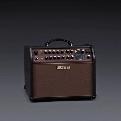 60W Acoustic Guitar And Vocals Combo Amplifier With Real-Time Harmony, Guitar Chorus, Mic Delay, Independent Reverb, And Gig-Ready Effects For Live Performances, Rehearsals, And Small Venues dark brown unit showing control panel and handle.