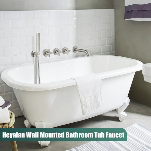 Brushed Nickel Wall Mount Tub Faucet Set With Handheld Shower Wand And Spout, Tub Filler Faucets, All-In-One Three-Handle Shower Trim