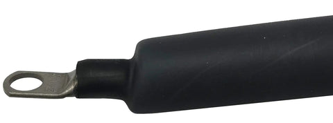 Black tubing from Pro Grade Adhesive Lined Heat Shrink Tubing Kit For Auto And Marine Electrical Protection Includes Sizes Three Sixteenth Inch One Quarter Inch Three Eighth Inch In Red Clear And Black Flame Retardant 100 Piece Assortment Made In USA shown in use on wire connector.