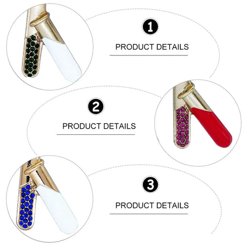 Close-up of 4 Piece Chemistry Beaker Brooch Set With Flask Design, Metal Alloy Scientist Lapel Pins showing three color variations.