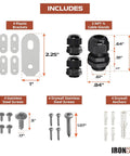 Image showing 4 plastic brackets, NPT ½ cable glands, stainless steel screws, drywall screws, and anchors for extra large waterproof junction box.
