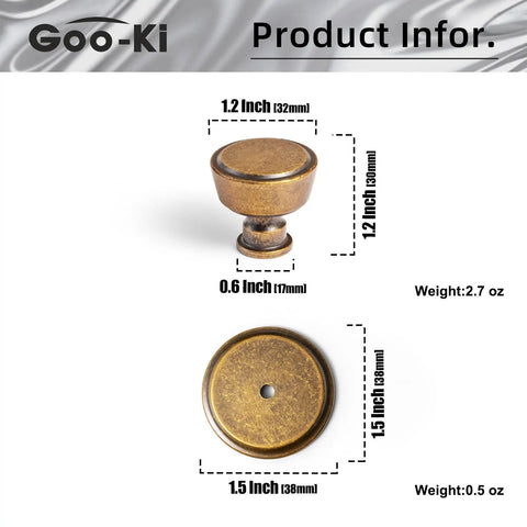 Antique Brass Cabinet Knobs 6 Pack With Spacers And Backplates showing knob dimensions and design details.
