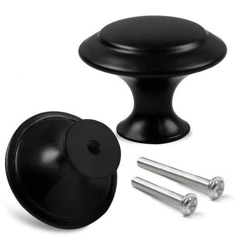 Set Of 18 Black 30mm Cabinet Knobs And Drawer Pulls With Screws For Dressers And Kitchens Durable Matte Finish Easy Install Dope Modern Hardware, two black knobs, and screws displayed