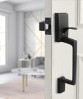 Matte Black Front Door Handle Set With Reversible Lever For Right Or Left Handed Exterior Doors Fits Most Standard Sized Doors Easy Install Durable Aluminum Construction.