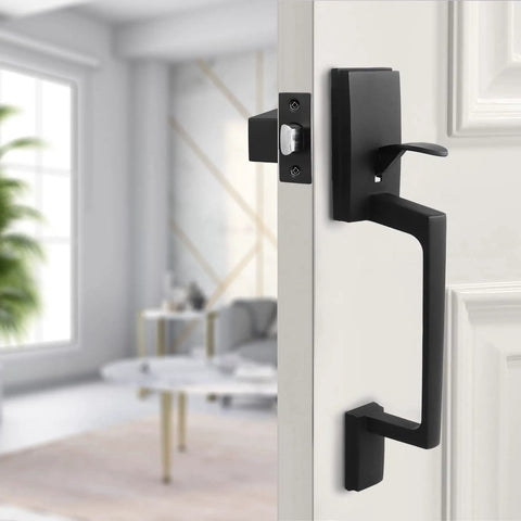 Matte Black Front Door Handle Set With Reversible Lever For Right Or Left Handed Exterior Doors Fits Most Standard Sized Doors Easy Install Durable Aluminum Construction.