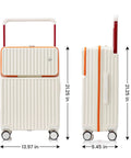 20 Inch Carry On Luggage With Dope Spinner Wheels And USB Port Lightweight PC Hard Shell Suitcase For Men And Women Airline Approved Under Seat Carry On With Front Laptop Compartment White, front and side view showing dimensions.