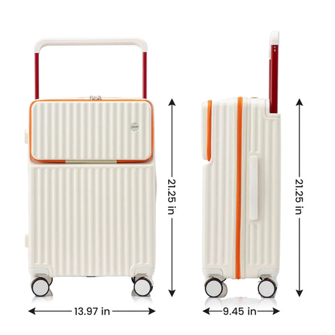 20 Inch Carry On Luggage With Dope Spinner Wheels And USB Port Lightweight PC Hard Shell Suitcase For Men And Women Airline Approved Under Seat Carry On With Front Laptop Compartment White, front and side view showing dimensions.