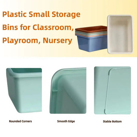 Close-up of Six Pack Small Cubby Bins Set For Home Playroom And Classroom, showing stackable plastic storage bins in Boho colors.
