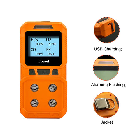 Portable Four Gas Monitor Detector For CO H2S O2 And EX Gas With Clip Case And Built In Safety Alerts, shown in bright orange finish