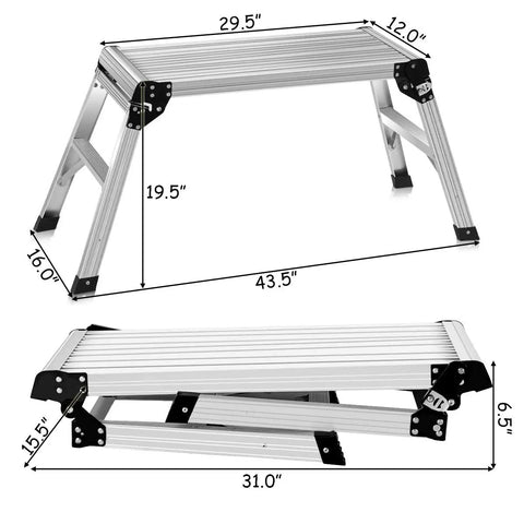 Real Solid Heavy Duty Aluminum Work Platform Step Ladder With 330 Lbs Capacity Drywall Safe CE Approved Portable Folding Bench Stool With Non Slip Mat Anti Slip Surface Compact Silver, 29.5x12 in