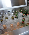 Pro-Level 23X17 Drop-In Stainless Steel Ice Chest With Rock-Solid Dual-Wall Insulation filled with ice and assorted bottles.