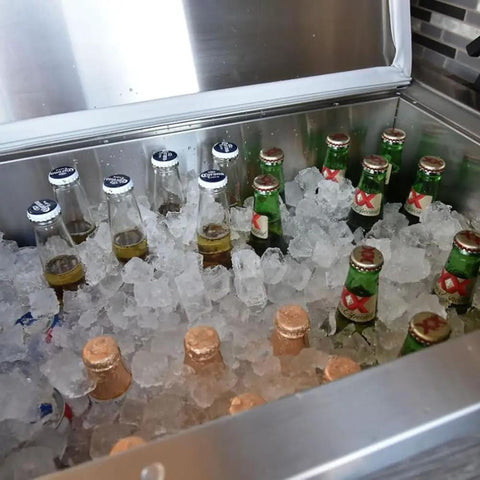 Pro-Level 23X17 Drop-In Stainless Steel Ice Chest With Rock-Solid Dual-Wall Insulation filled with ice and assorted bottles.