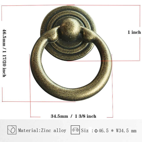 Antique Bronze Ring Drawer Pulls Handles For Cabinets And Dressers, 1.5 Inch Length Ring Knob Style, Zinc Alloy, Close-Up View