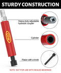 Grease fitting cleaning tool, red metal body with silver knurled top and black threaded bottom, front view.