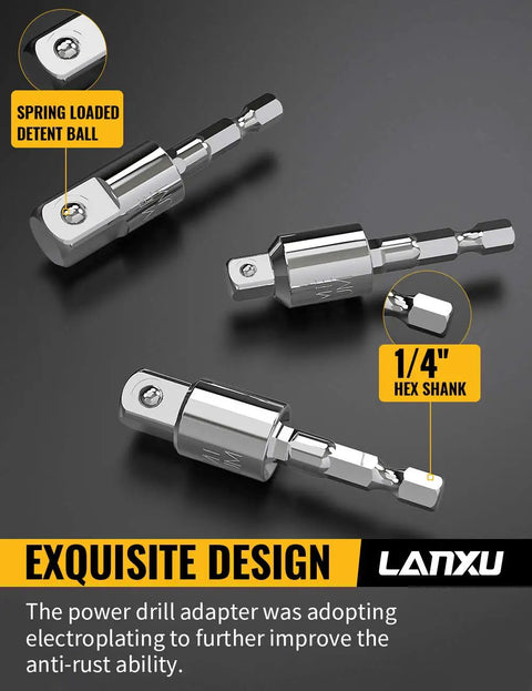3-Piece Power Drill Socket Adapter Set With 360 Rotatable Hex Shank For Impact Drivers Reaches Tight Corners Fits One Quarter Three Eighths And One Half Inch Bits Durable Alloy Build For Heavy Duty Use