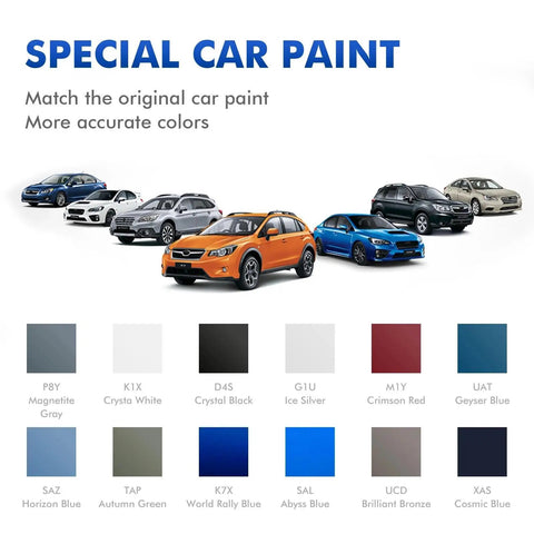 Special car paint color chart with Subaru models and color options, including World Rally Blue Touch Up Paint Kit For Subaru Scratch Repair DIY Auto Paint That Covers Scratches Fast No Sweat Easy Fix For BRZ Impreza WRX S209 And Other Subaru Models Professional Quality Automotive Paint.