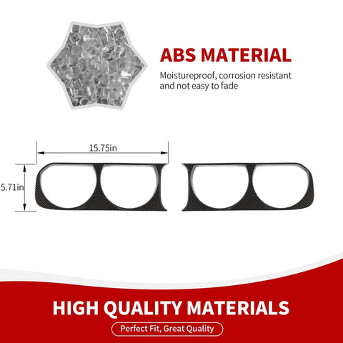 Dimensions of Carbon Fiber Front Headlight Cover Trim for Dodge Challenger 2009-2014, showing ABS plastic material and measurements.