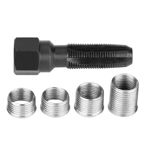 Pro Grade Carbon Steel Plug Tap Set For 14mm x 1.25 Thread Repair With Four Inserts, Easy Operation For Damaged Auto Engine Threads, Durable Auto Repair Tool Ready To Fix Threads with visible tap and inserts.