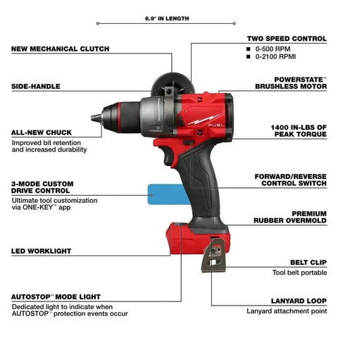 M18 1/2-Inch Cordless Drill Driver Bare Tool With Belt Clip And Side Handle All Metal Chuck Fastest Drive Under Load Pro Setup Beast Mode For Rough Use And Serious Grind Sessions, showcasing features like side handle and LED.