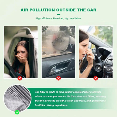 Woman in car covering nose due to pollution, demonstrating need for Premium Cabin Air Filter With Activated Carbon For Cars Keeps Your Ride Breathing Easy Three Layer Filtration Captures 99 Percent Of Dust Pollen Soot Odors Providing Fresh Air For Passengers Fits Acura Civic CR V Odyssey CSX Replaces CF10134